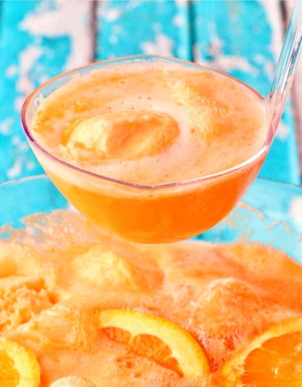 Orange sherbet punch on ladle with punch bowl in background.