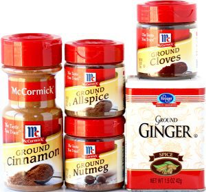 Spices including nutmeg, cloves, and cinnamon.