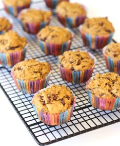 Pumpkin Chocolate Chip Muffins on a wire rack.