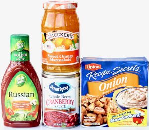 Ingredients including orange marmalade, cranberry sauce, and Russian dressing.