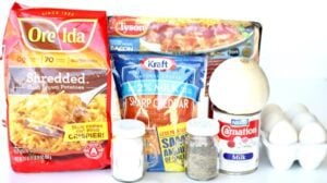 Bacon, evaporated milk, onion, and other ingredients.