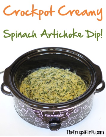 Crockpot Creamy Spinach Artichoke Dip Recipe at TheFrugalGirls.com