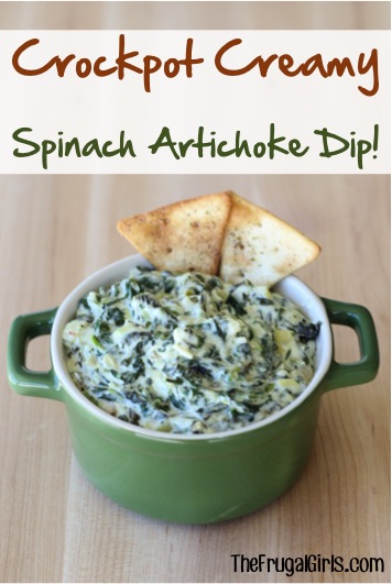 Crockpot Creamy Spinach Artichoke Dip Recipe - from TheFrugalGirls.com