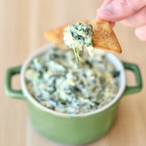 Person holding a chip with spinach artichoke dip.