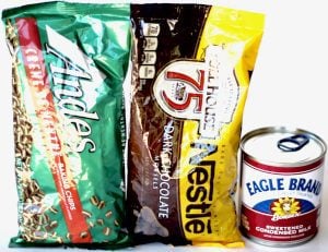 Condensed milk, dark chocolate chips, and Andes mints.