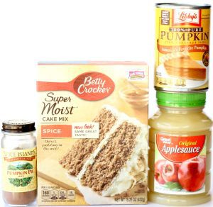 Ingredients including applesauce, pumpkin, and spice cake mix.