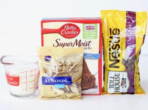 Ingredients including almonds, chocolate chips, and chocolate cake mix.