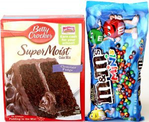 Mini M&Ms and chocolate cake mix.