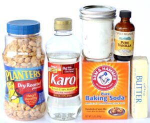 Peanut brittle ingredients including baking soda, vanilla, and corn syrup.