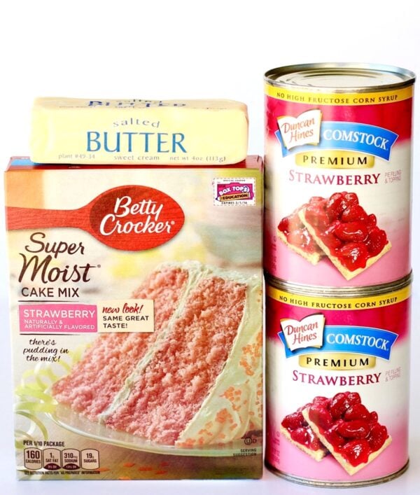 Strawberry cake mix, strawberry filling, and butter.