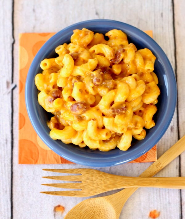 Chili Macaroni and cheese in dish.