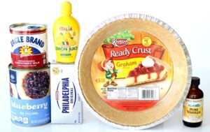 Blueberry Cream Cheese Pie ingredients including lemon juice, cream cheese, and graham cracker crust.