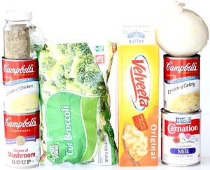 Ingredients including evaporated milk, cream of celery, and onion.