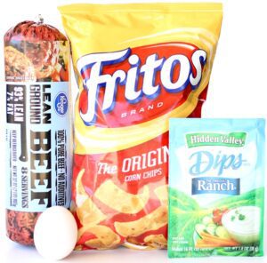 Ingredients including Fritos, ranch dressing mix, and egg.