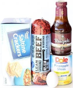 Ingredients including Saltines, pineapple slices, and egg.