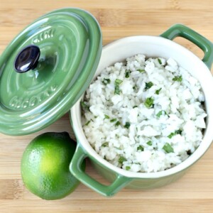 Small green crock of Cilantro Lime Rice.