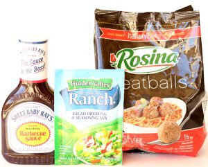 Ranch dressing mix, barbecue sauce, and meatballs.