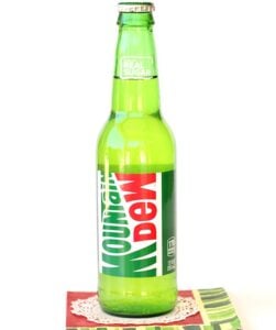 Glass bottle of Mountain Dew.