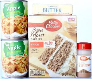 Ingredients including spice cake mix, apple filling, and butter.