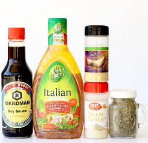 Marinade ingredients including garlic powder, soy sauce, and onion powder.