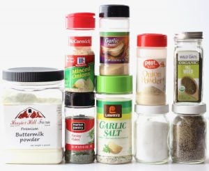 Ingredients including buttermilk powder, parsley flakes, and minced onions.