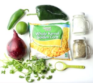 Ingredients including red onion, lime, and frozen corn.