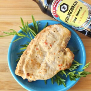 Blue plate with Italian chicken.