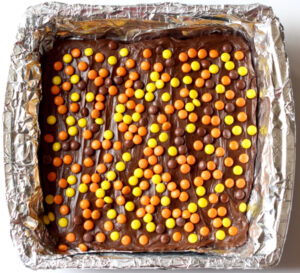Reese's Fudge in a lined baking dish.
