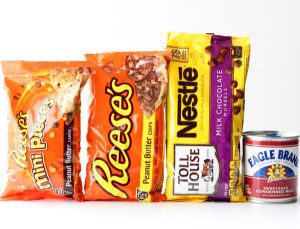 Ingredients including chocolate chips, peanut butter chips, and condensed milk.