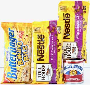 Chocolate chips, Butterfinger baking bits, and condensed milk.