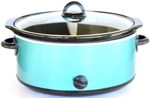 Lid on a blue slow cooker.