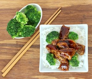 Plate of Broccoli Beef over rice.