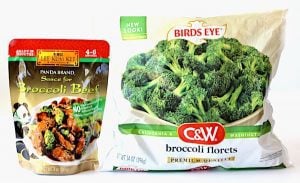 Broccoli beef sauce and frozen broccoli.