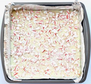 White Chocolate Fudge in a lined baking dish.