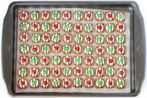 Red and green M&Ms on Hershey hugs.