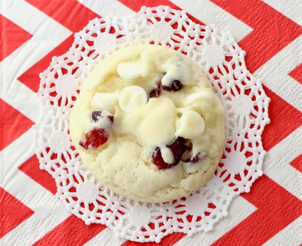Cranberry white chocolate chip cookie on napkin.