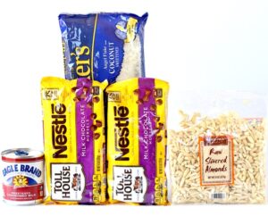 Ingredients including chocolate chips, coconut flakes, and slivered almonds.