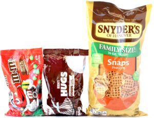 M&Ms, Hershey hugs, and pretzels.