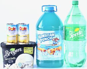 Punch ingredients including blue Hawaiian punch, pineapple juice, and Sprite.