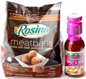 Meatballs and sweet and sour sauce.