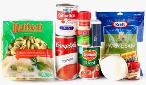 Ingredients including evaporated milk, tomato soup, and onion powder.