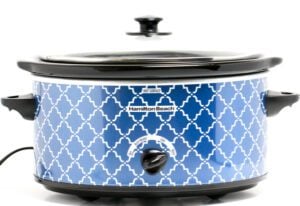 Blue and white slow cooker.