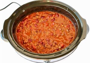 Slow cooker full of chili.