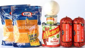 Ingredients including cheddar cheese, green chiles, and onion.