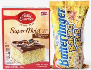 Butterfinger baking bits and yellow cake mix.