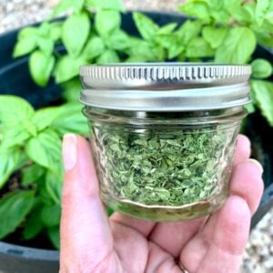 Dried Basil in a small jar.