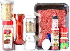 Ingredients including liquid smoke, ketchup, and egg.