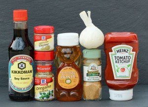 Ingredients including oregano, ketchup, and garlic.