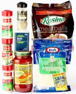 Italian meatball ingredients including oregano, basil, and mozzarella.
