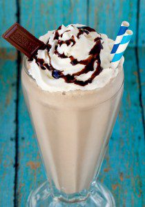 Mocha Shake topped with whipped cream and chocolate syrup.